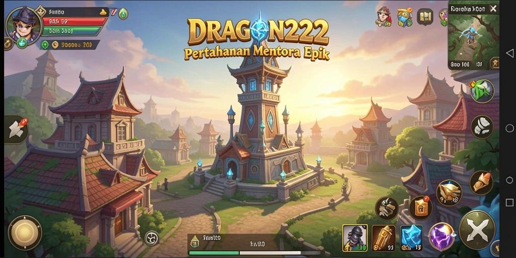 Tangkapan layar gameplay <strong>DRAGON222</strong> menunjukkan aksi menara mempertahankan benteng dari serangan musuh.