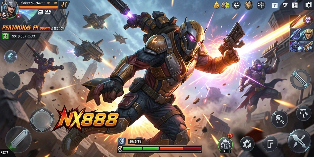 Screenshot gameplay NX888 menampilkan aksi intens dan karakter dinamis.