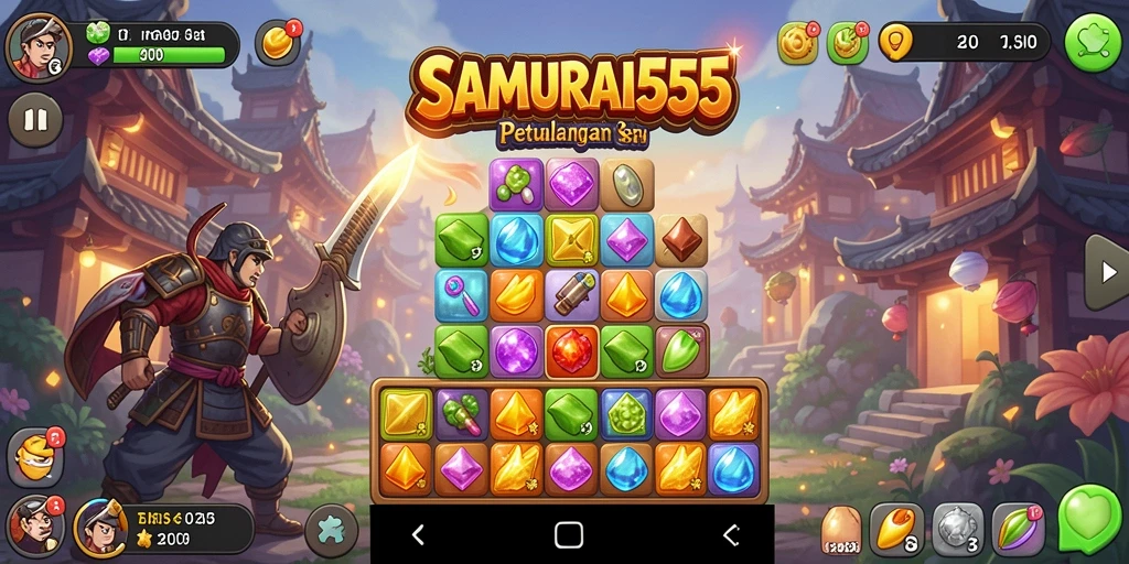 Screenshot gameplay SAMURAI555 menunjukkan level penuh warna dan efek mencocokkan yang menakjubkan.
