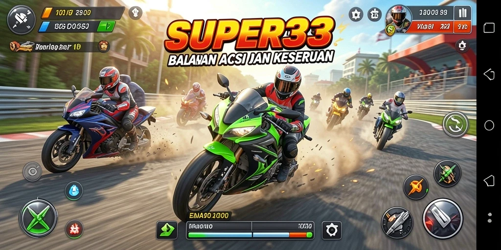 Tampilan utama gameplay SUPER33 dengan aksi balapan motor yang mendebarkan.