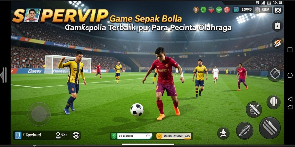 Gambar tampilan gameplay <strong>SUPERVIP</strong> yang menampilkan aksi di lapangan sepak bola.